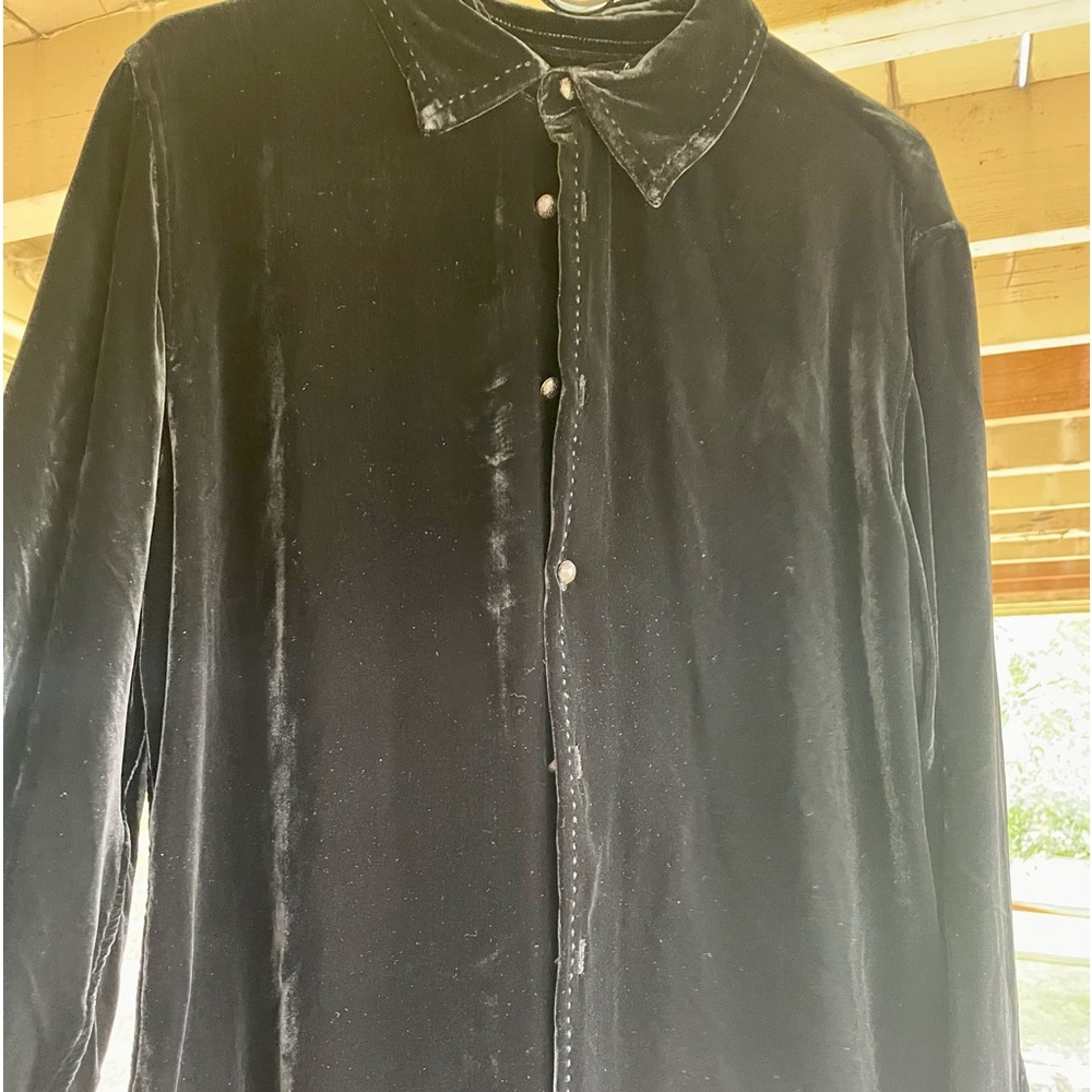 Solid black crushed velvet long sleeve shirt.